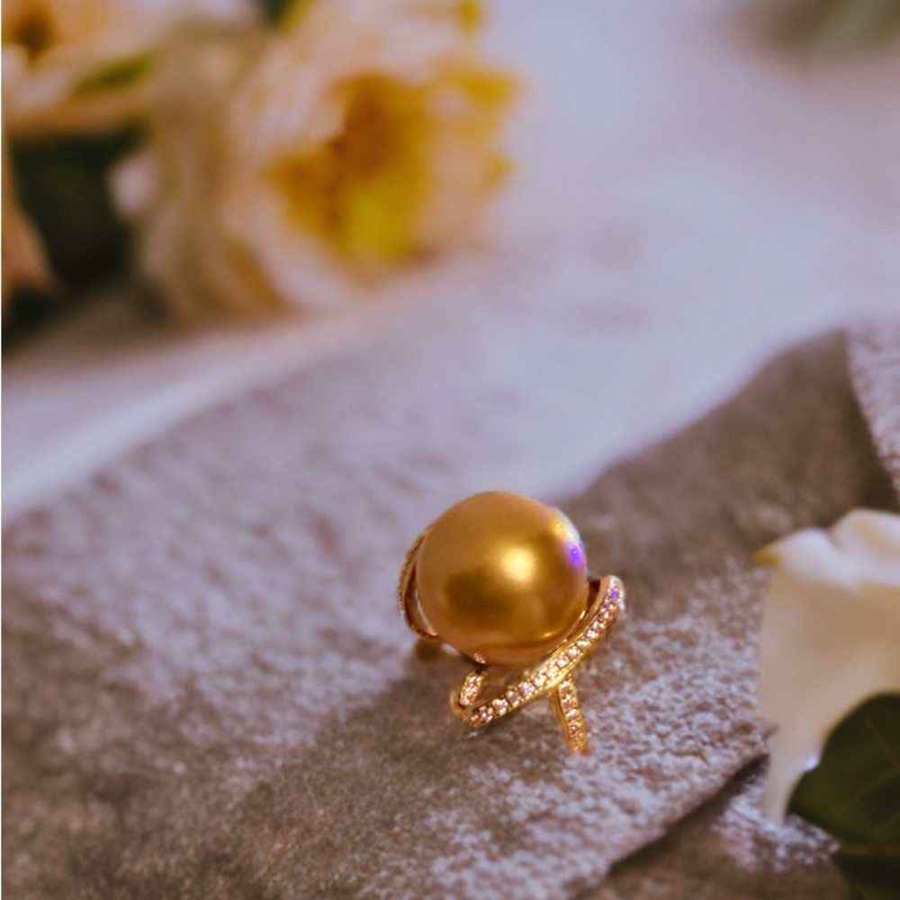 Lustrous 16mm Gold South Sea Pearl in 18k Gold Plated Italian Silver Ring